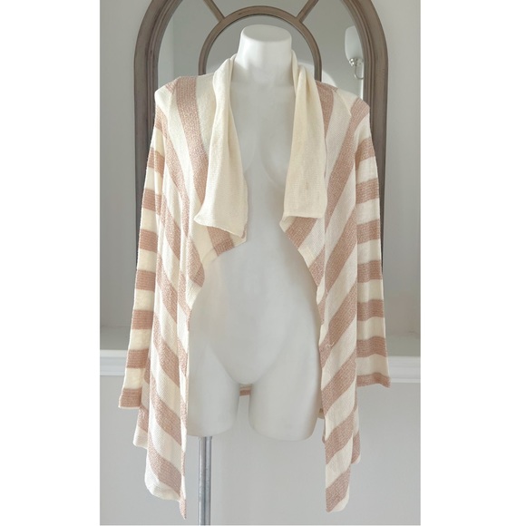 Splendid Sweaters - Splendid Draped Metallic Striped Sweater Cardigan, Cream Rose Gold Size M